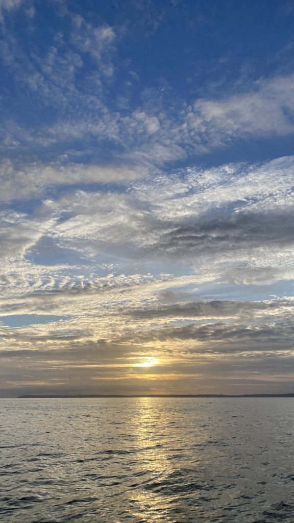 Boat fishing sunset with The School of Fish